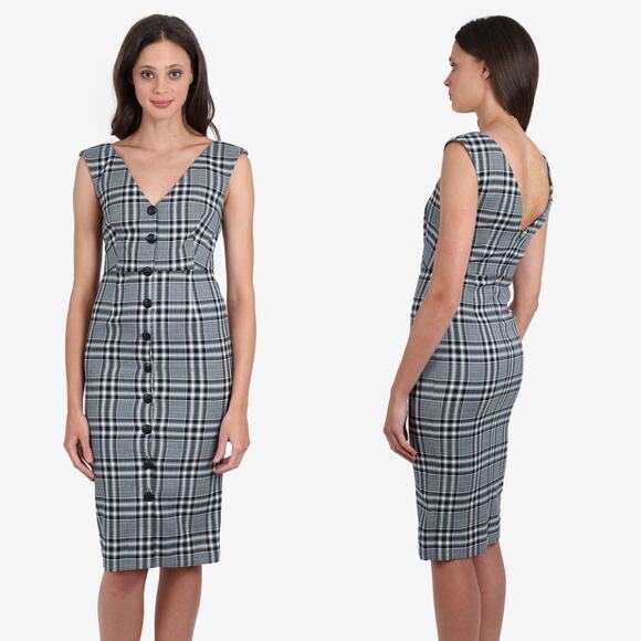 Veronica Beard Lark XS 2 V-Neck Button-Front Black White Plaid Sheath Midi Dress - Picture 9 of 9